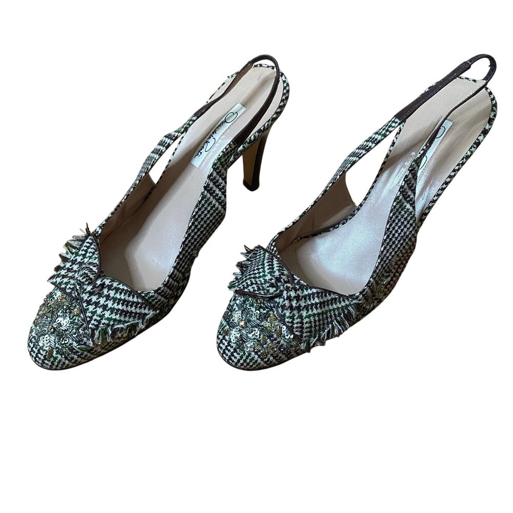 OSCAR DE LA RENTA Houndstooth Beaded Sequin Slingback Pump Heels 39